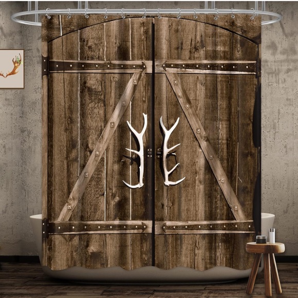New Rustic Barn Door Antler Shower Curtain w/ Hooks - Picture 1 of 2